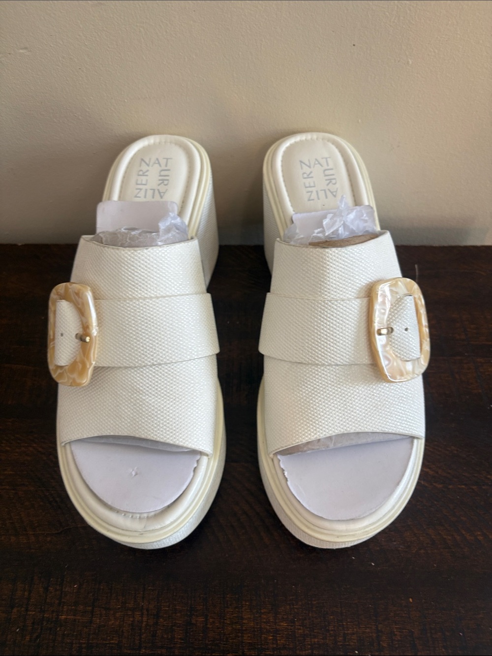 Naturalizer Cream Slide Sandals with Marbled Buckle